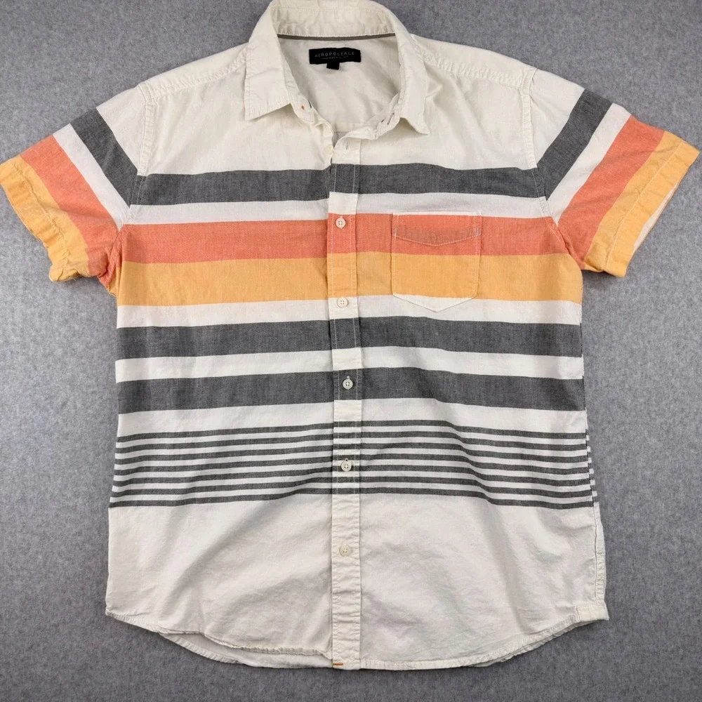 Aeropostale Mens Large‎ Short Sleeve Button Down Striped Shirt Cream Orange Grey